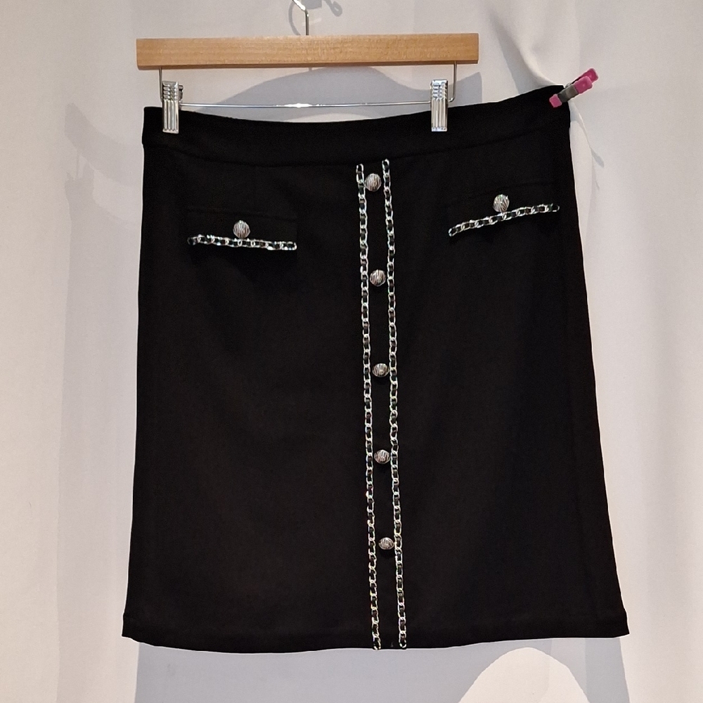 Ming Wang Elegant Black ALine Skirt with Chain Detail Stretch Size L